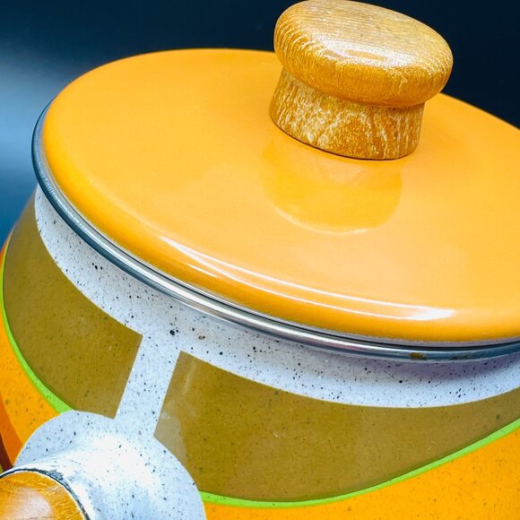 70s Kaki Green Orange Waves Enamel Fondue Pot with Lid Vintage Saucepan - Picture 6 of 10